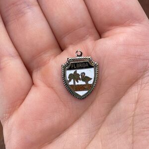 Vintage 925 Sterling Silver "Florida" Palm Tree Flamingo Shield Pendant Charm